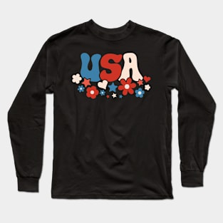 american groovy flower 4th july America retro patriotic USA Long Sleeve T-Shirt